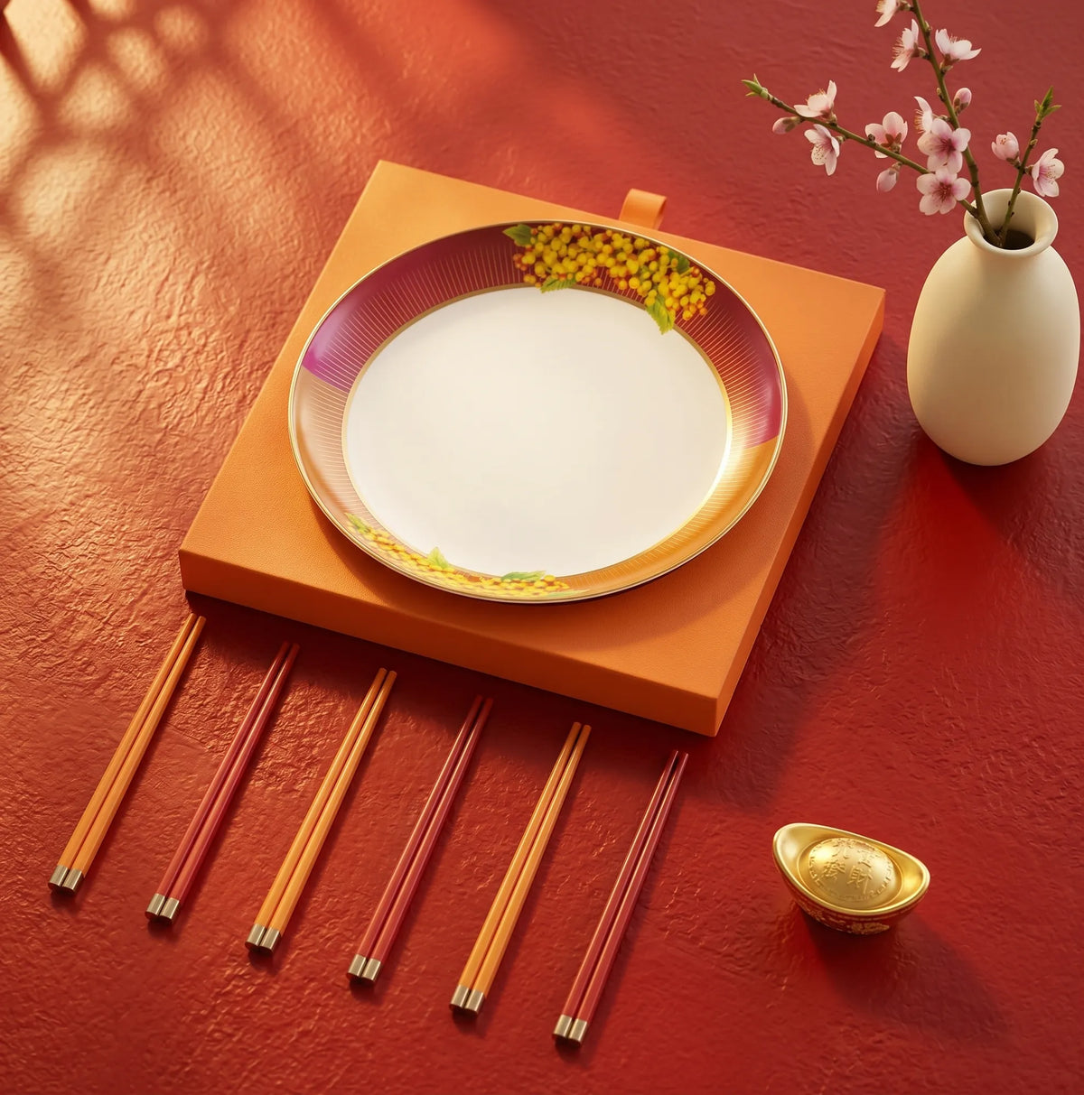 Red and gold festive gift set with tote bag, red packets and leather pouch for The Ritz-Carlton