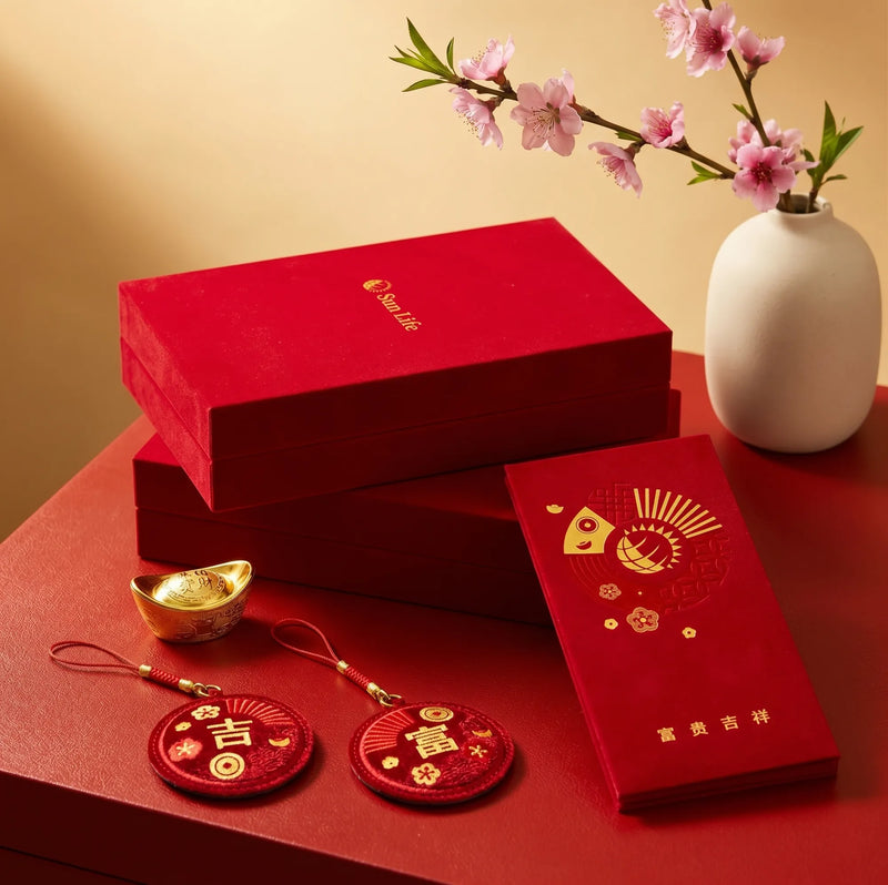 Velvet CNY gift box with embroidered charms and red packet, Singapore
