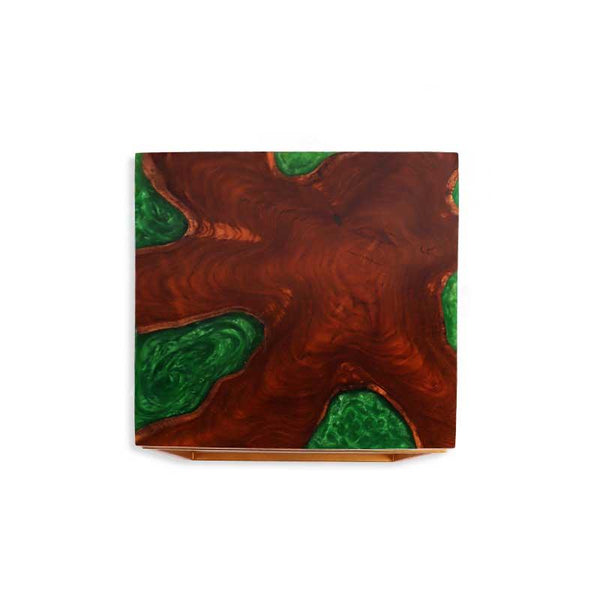 Square Wood Side Table with Emerald Green Resin - Shevron