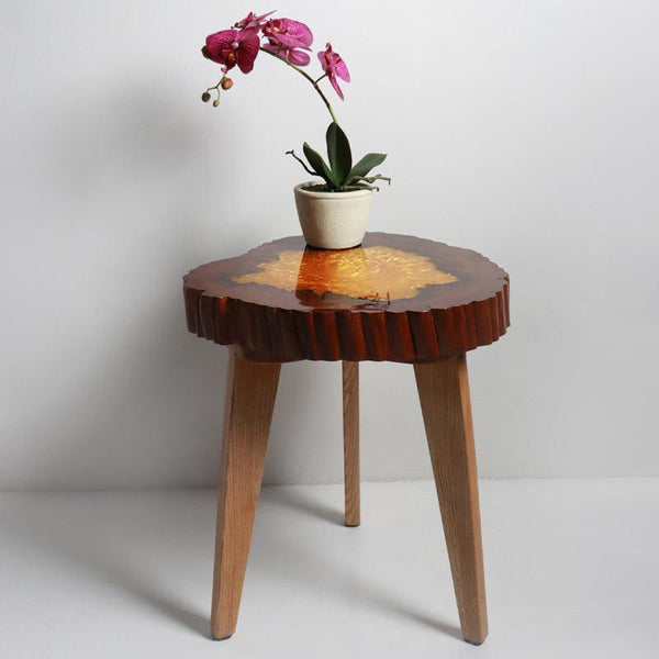 Teak Wood Slice Side Table with Gold Resin - Shevron