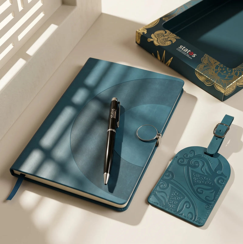 Custom corporate notebook, pen and embossed luggage tag set, Singapore