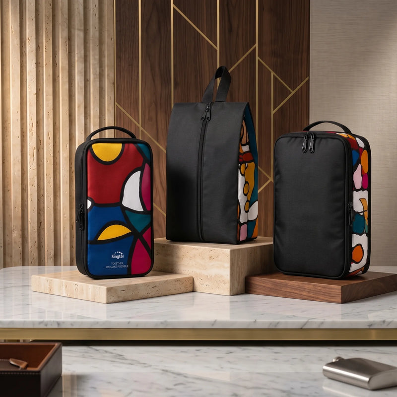 Branded travel shoe bag with embroidered logo, corporate gift Singapore