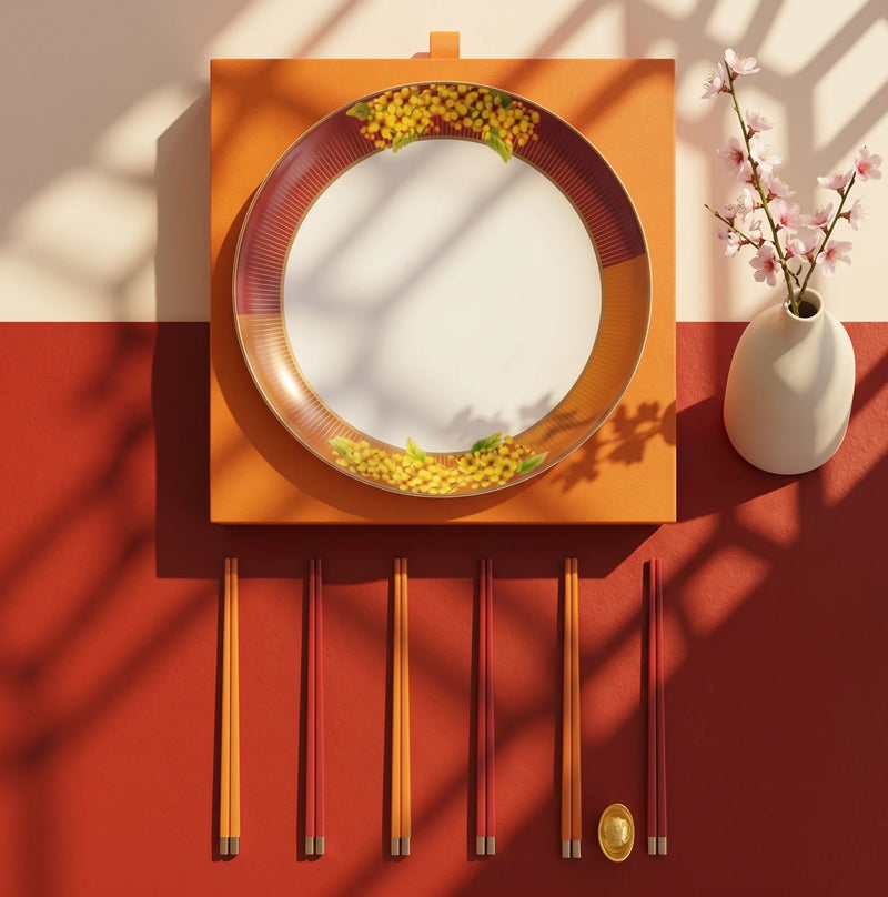 CNY porcelain plate and chopstick set, custom corporate gift Singapore