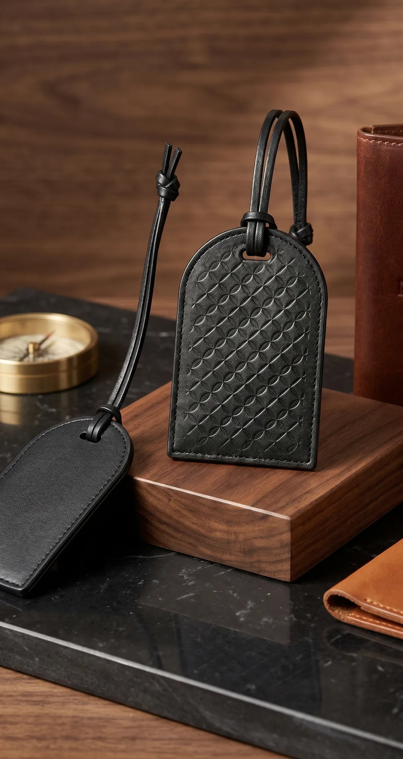 Embossed black leather luggage tags beside a brass compass