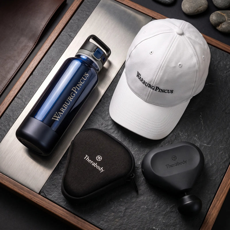 Corporate wellness gift set with engraved bottle and embroidered cap, Singapore