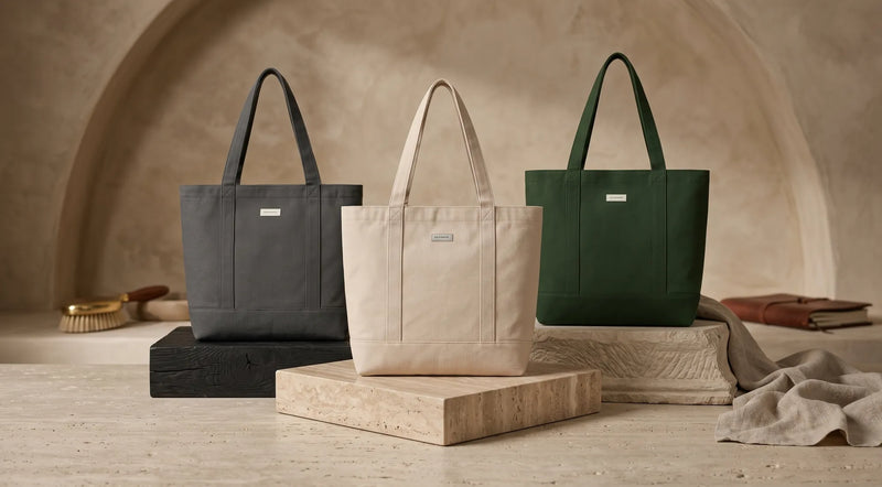 Three canvas tote bags in charcoal, cream and green on stone plinths.