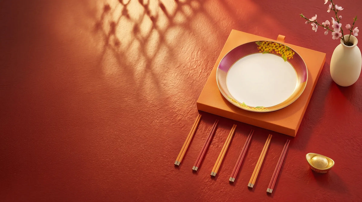 Porcelain plate and chopstick gift set, festive corporate gift Singapore