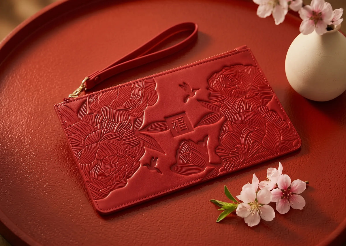 Embossed red leather clutch with wrist strap on a lacquer tray, Shevron travel collection