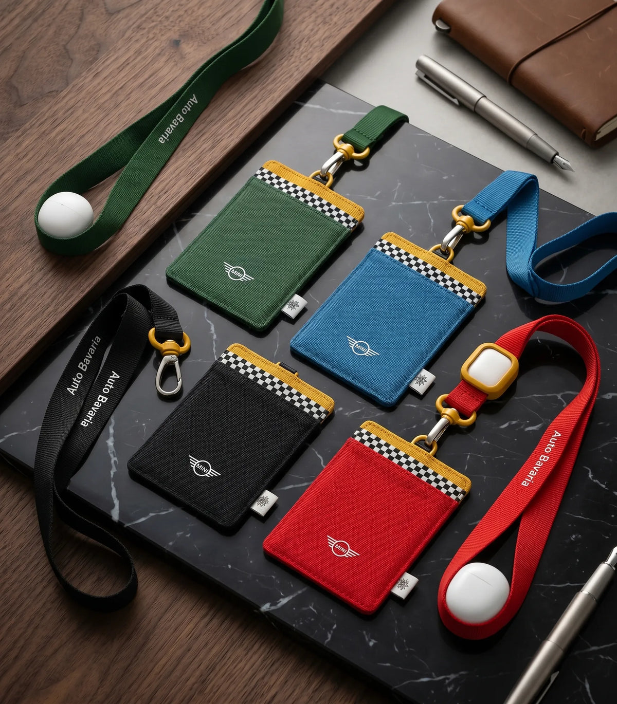 Colour-blocked embroidered card holders and lanyards with notebook and pen, Shevron work collection