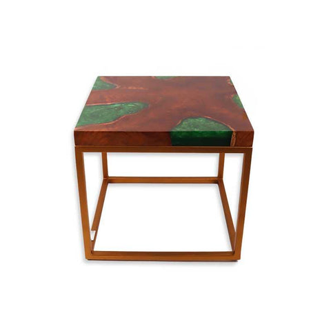 Square Wood Side Table with Emerald Green Resin - Shevron
